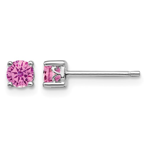 Sterling Silver Rhodium-plated 4mm Round Created Pink Sapphire Post Earring