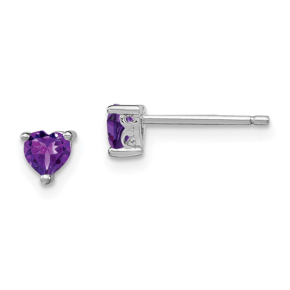 Sterling Silver Rhodium-plated 4mm Heart Amethyst Post Earrings (QBE27FEB)