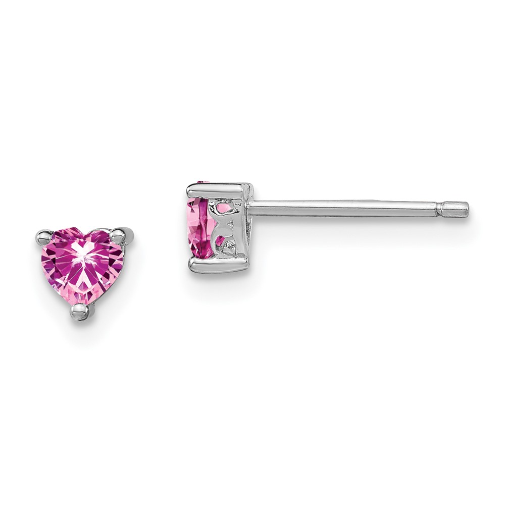 Sterling Silver Rhod-pltd 4mm Heart Cr. Pink Sapphire Post Earrings (QBE27OCT)