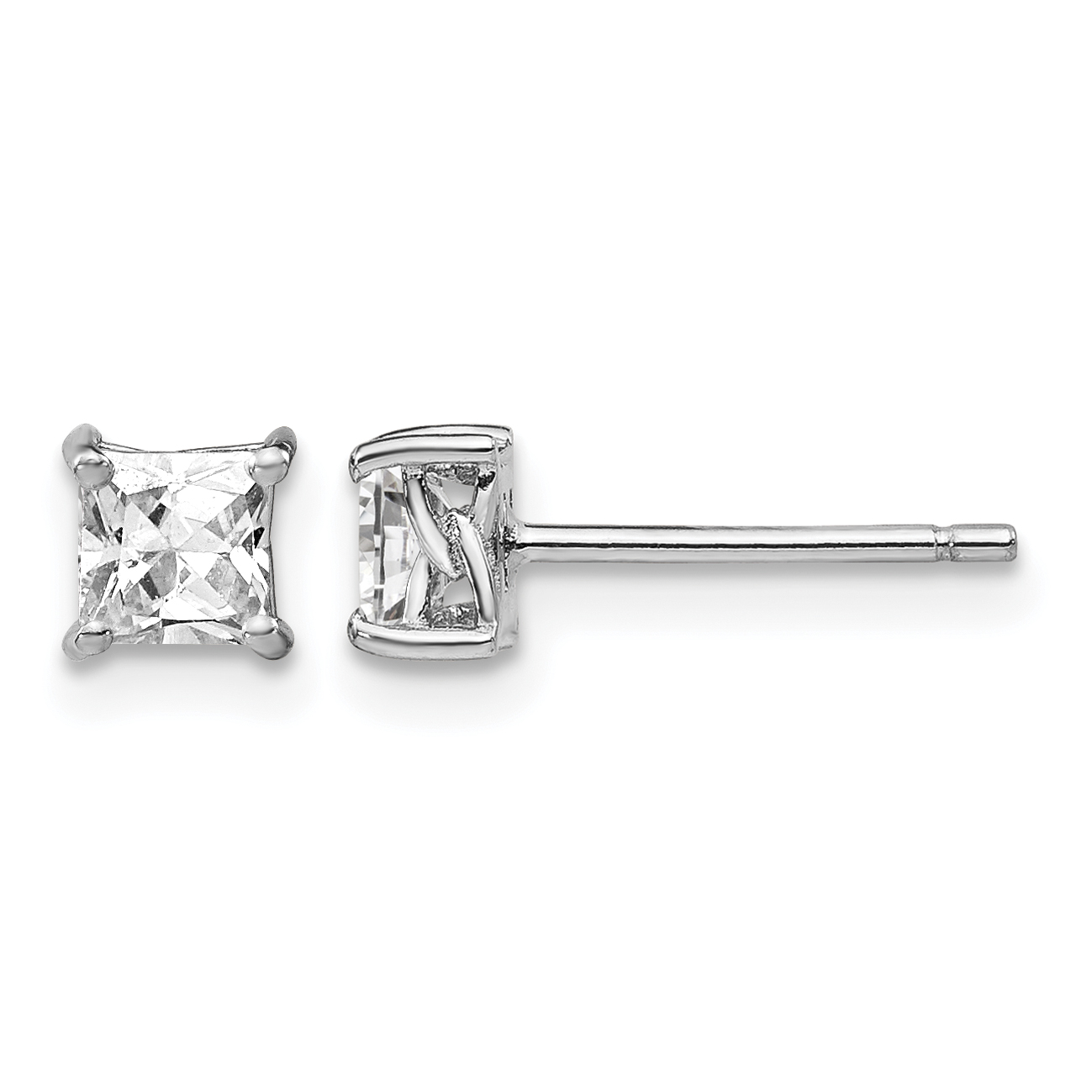 Sterling Silver Rhodium-plated 4mm Princess White Topaz Post Earrings (QBE28APR)