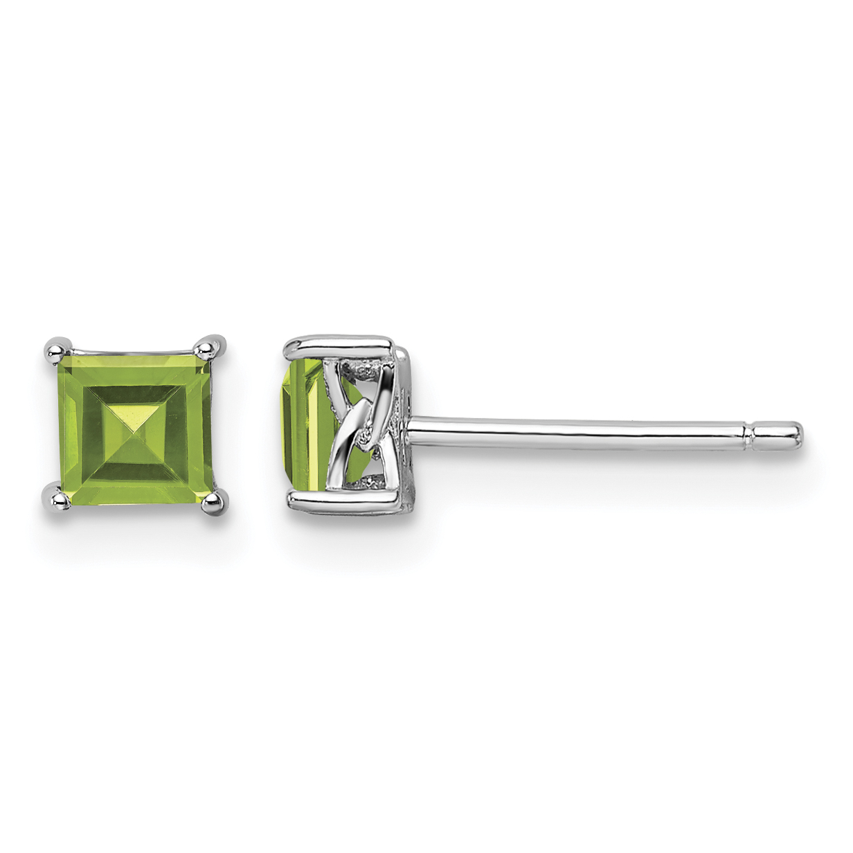 Sterling Silver Rhodium-plated 4mm Princess Peridot Post Earrings (QBE28AUG)
