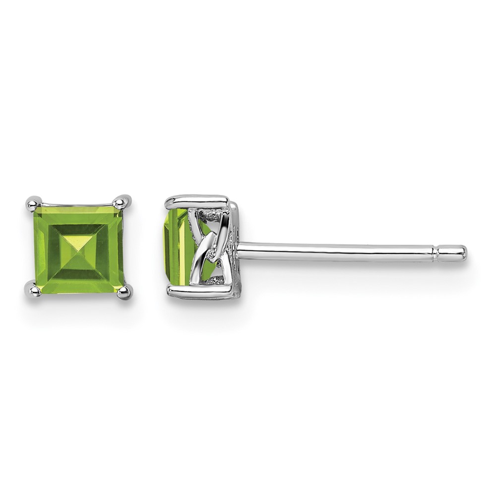 Sterling Silver Rhodium-plated 4mm Princess Peridot Post Earrings (QBE28AUG)