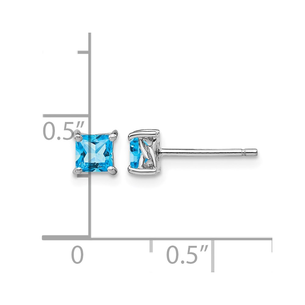 Sterling Silver Rhod-pltd 4mm Princess Swiss Blue Topaz Post Earrings (QBE28DEC)