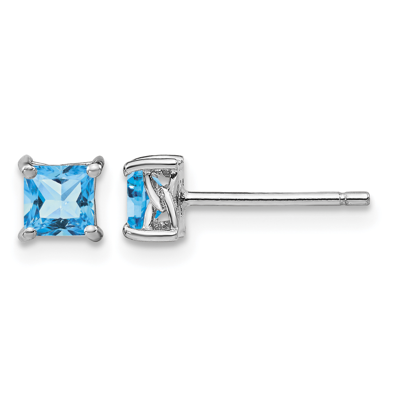 Sterling Silver Rhod-pltd 4mm Princess Swiss Blue Topaz Post Earrings (QBE28DEC)