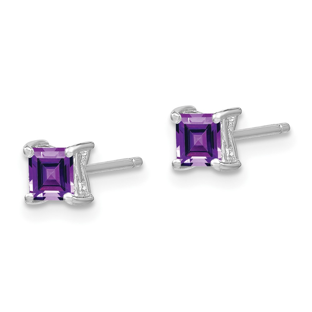 Sterling Silver Rhodium-plated 4mm Princess Amethyst Post Earrings (QBE28FEB)