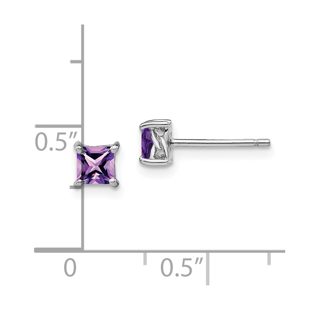 Sterling Silver Rhodium-plated 4mm Princess Amethyst Post Earrings (QBE28FEB)