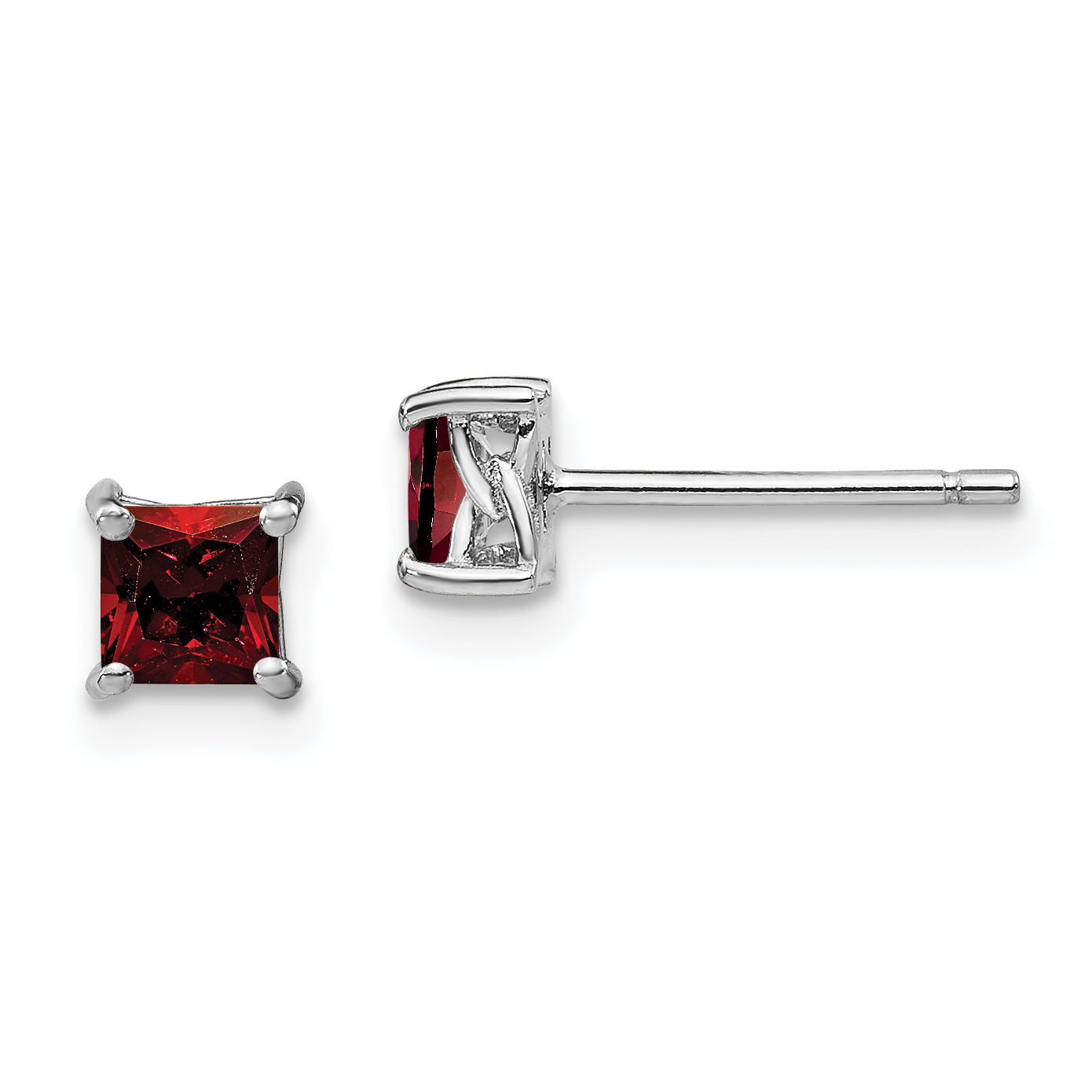 Sterling Silver Rhodium-plated 4mm Princess Garnet Post Earrings (QBE28JAN)