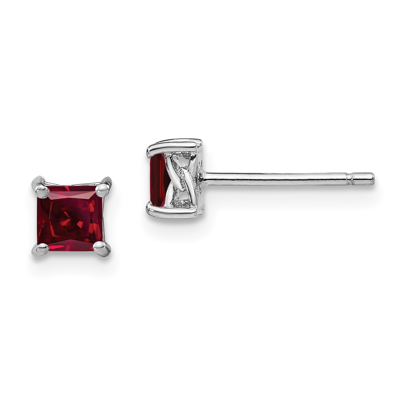 Sterling Silver Rhod-pltd 4mm Princess Created Ruby Post Earrings (QBE28JUL)