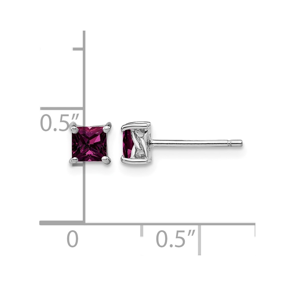 Sterling Silver Rhod-pltd 4mm Princess Rhodolite Garnet Post Earrings (QBE28JUN)