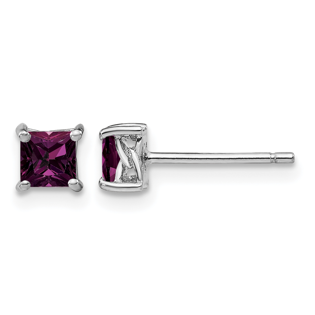 Sterling Silver Rhod-pltd 4mm Princess Rhodolite Garnet Post Earrings (QBE28JUN)