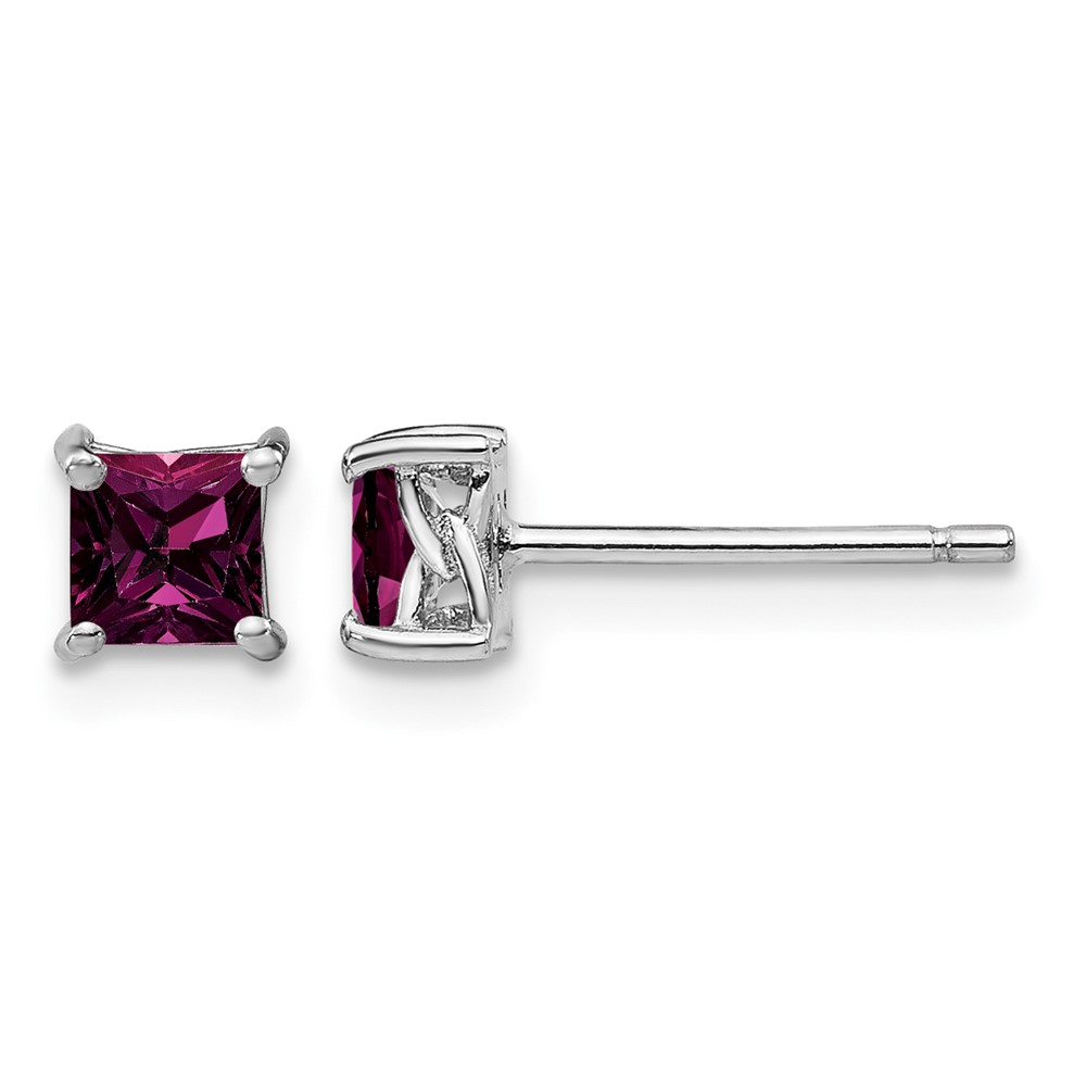 Sterling Silver Rhod-pltd 4mm Princess Rhodolite Garnet Post Earrings (QBE28JUN)