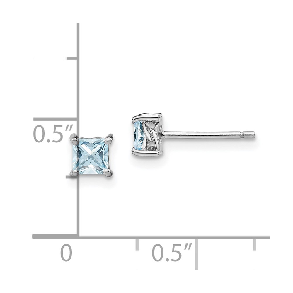 Sterling Silver Rhodium-plated 4mm Princess Aquamarine Post Earrings (QBE28MAR)
