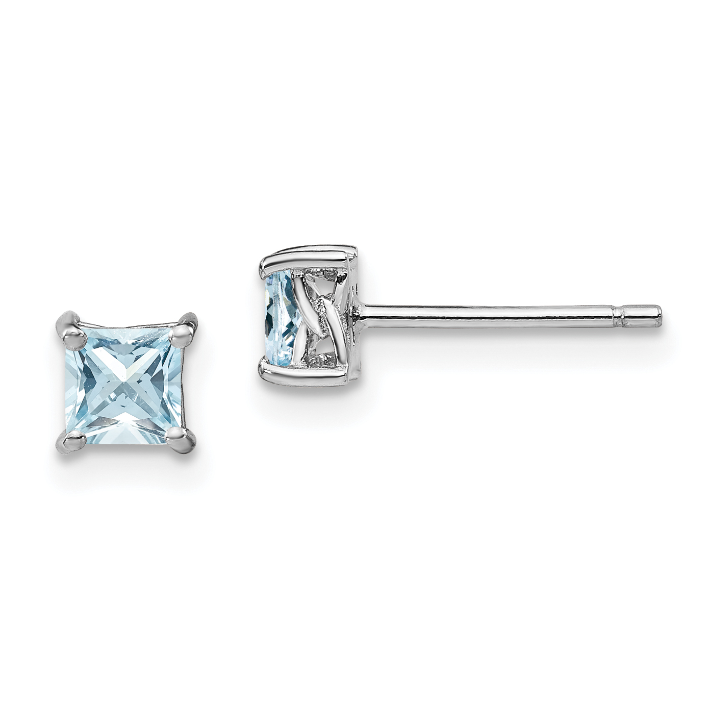 Sterling Silver Rhodium-plated 4mm Princess Aquamarine Post Earrings (QBE28MAR)