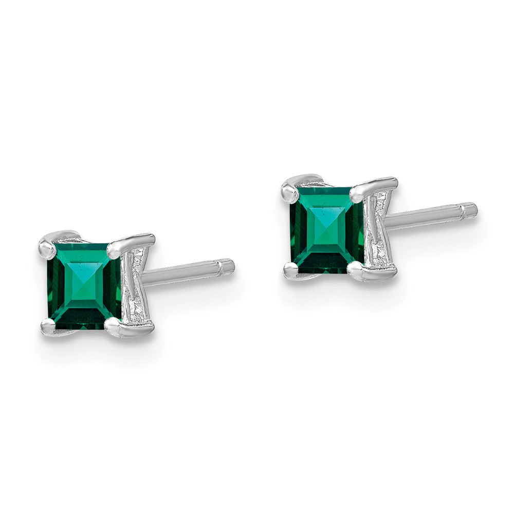 Sterling Silver Rhod-pltd 4mm Princess Created Emerald Post Earrings (QBE28MAY)