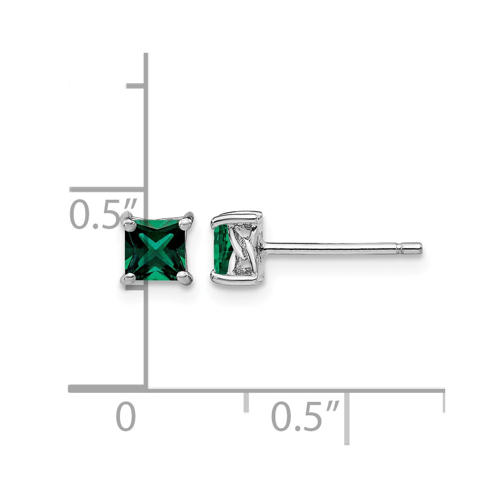 Sterling Silver Rhod-pltd 4mm Princess Created Emerald Post Earrings (QBE28MAY)