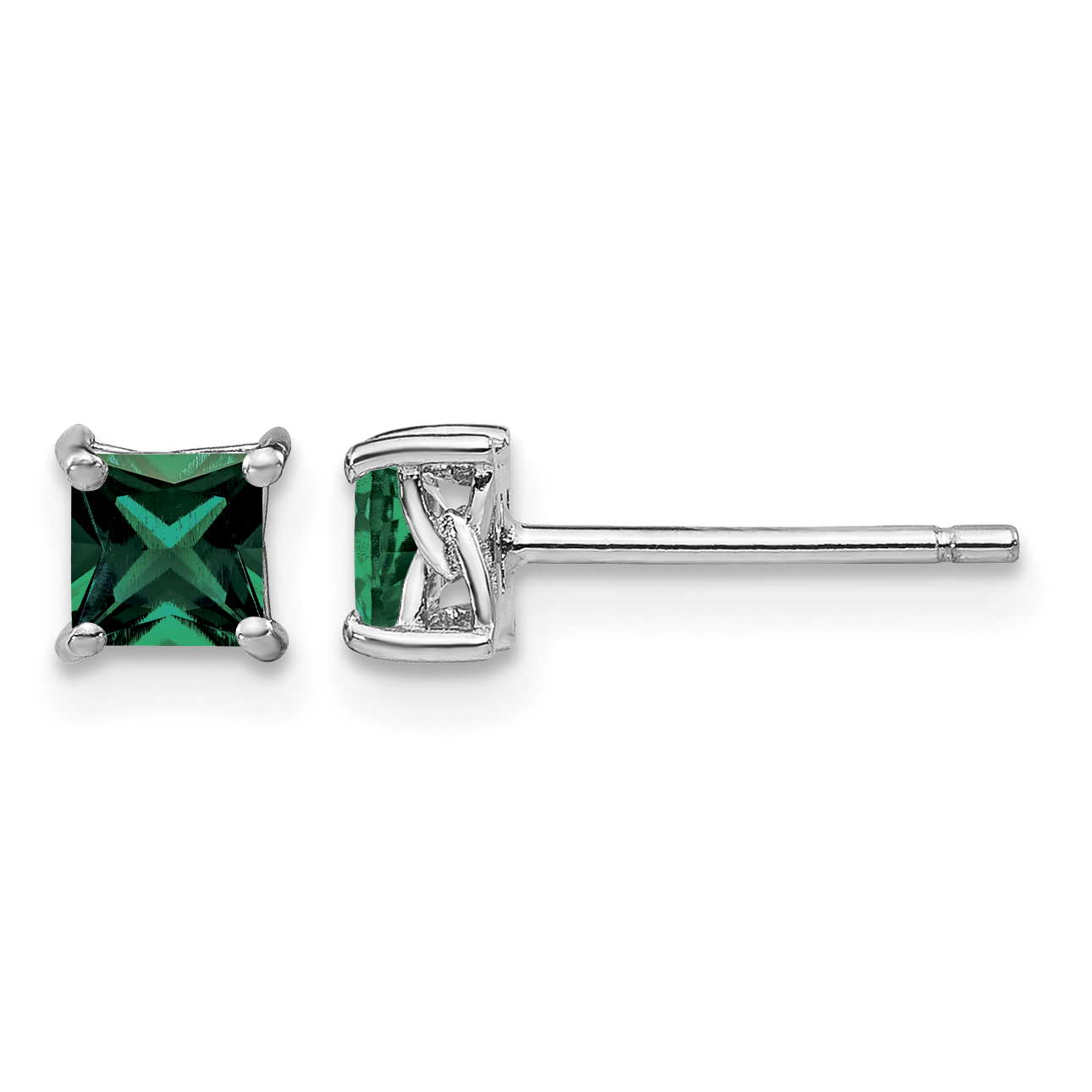 Sterling Silver Rhod-pltd 4mm Princess Created Emerald Post Earrings (QBE28MAY)