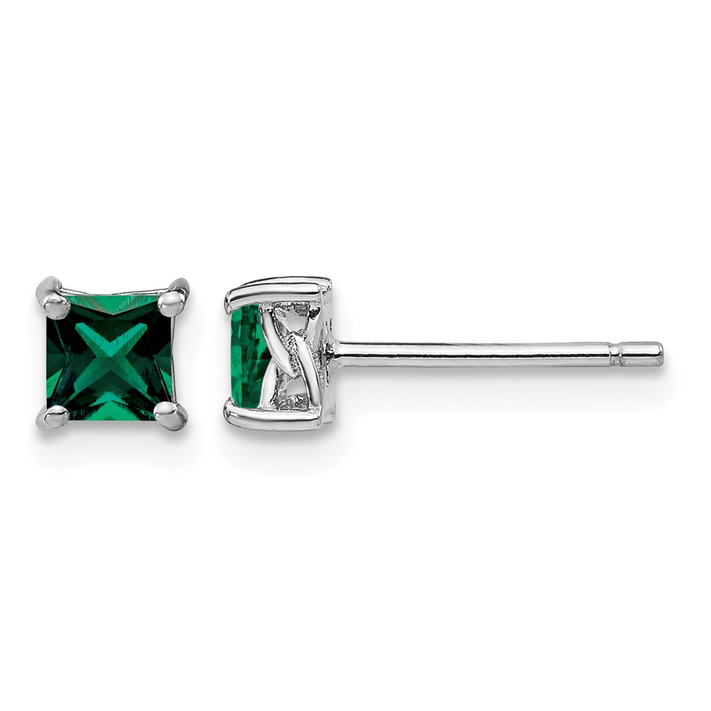 Sterling Silver Rhod-pltd 4mm Princess Created Emerald Post Earrings (QBE28MAY)