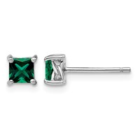 Sterling Silver Rhod-pltd 4mm Princess Created Emerald Post Earrings view 1