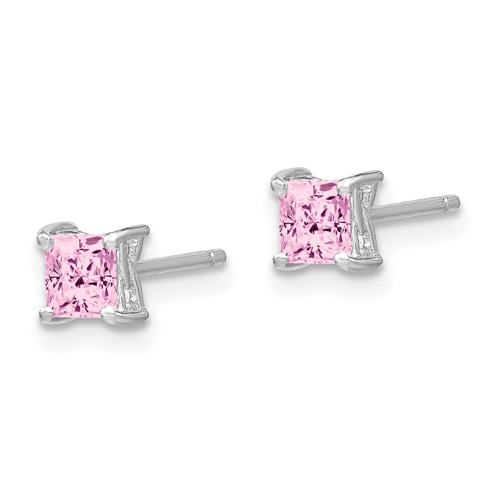 Sterling Silver Rhod-pltd 4mm Princess Cr. Pink Sapphire Post Earrings (QBE28OCT)