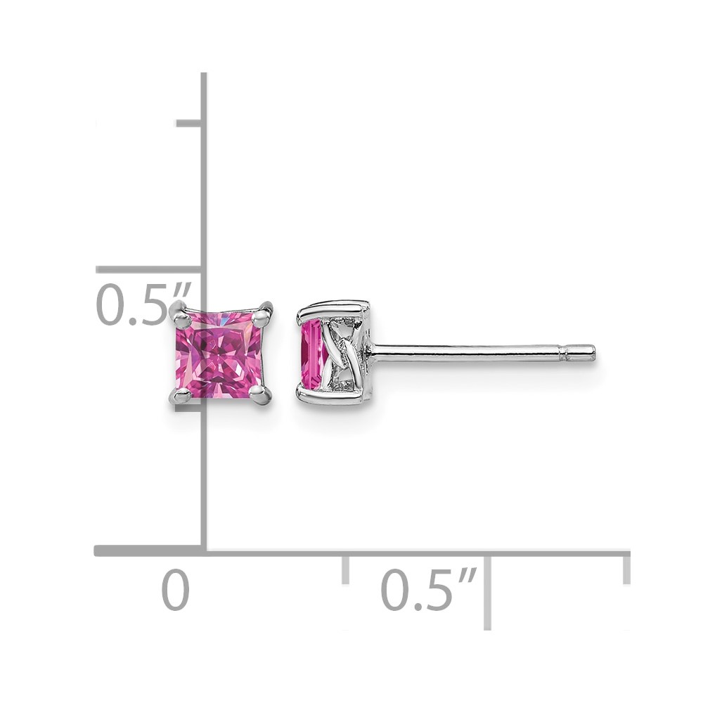 Sterling Silver Rhod-pltd 4mm Princess Cr. Pink Sapphire Post Earrings (QBE28OCT)