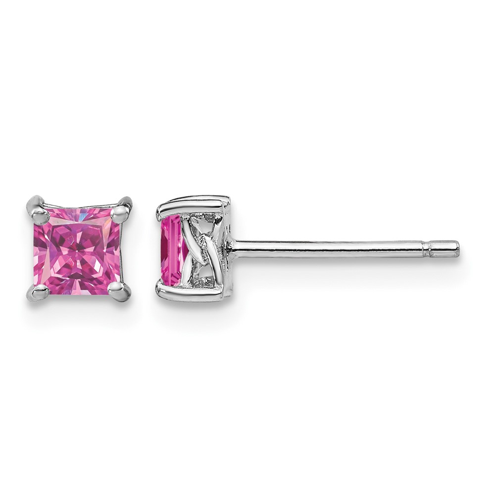 Sterling Silver Rhod-pltd 4mm Princess Cr. Pink Sapphire Post Earrings (QBE28OCT)