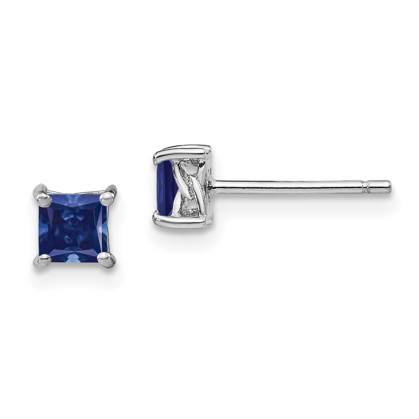 Sterling Silver Rhod-pltd 4mm Princess Created Sapphire Post Earrings (QBE28SEP)