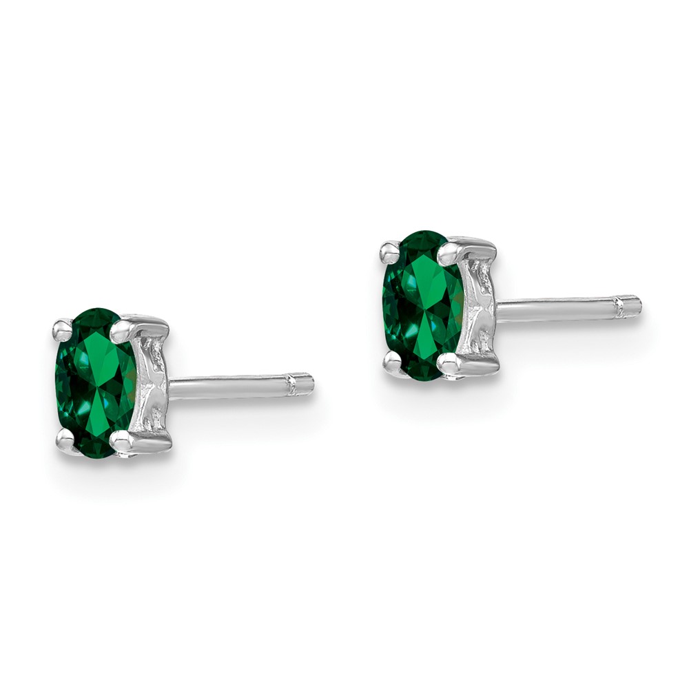 Sterling Silver Rhodium-plated 5x3mm Oval Created Emerald Post Earrings (QBE29MAY)