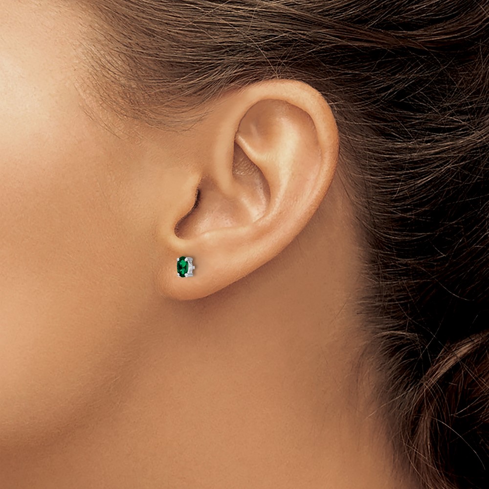 Sterling Silver Rhodium-plated 5x3mm Oval Created Emerald Post Earrings (QBE29MAY)