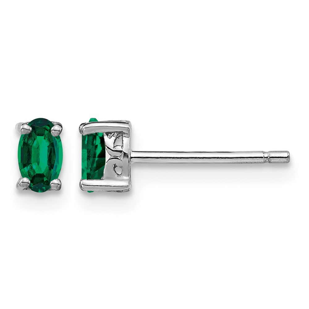 Sterling Silver Rhodium-plated 5x3mm Oval Created Emerald Post Earrings (QBE29MAY)