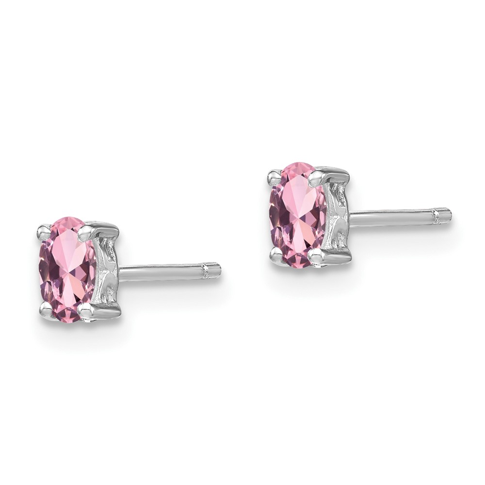 Sterling Silver Rhodium-plated 5x3mm Oval Created Pink Sapphire Post Earrin (QBE29OCT)