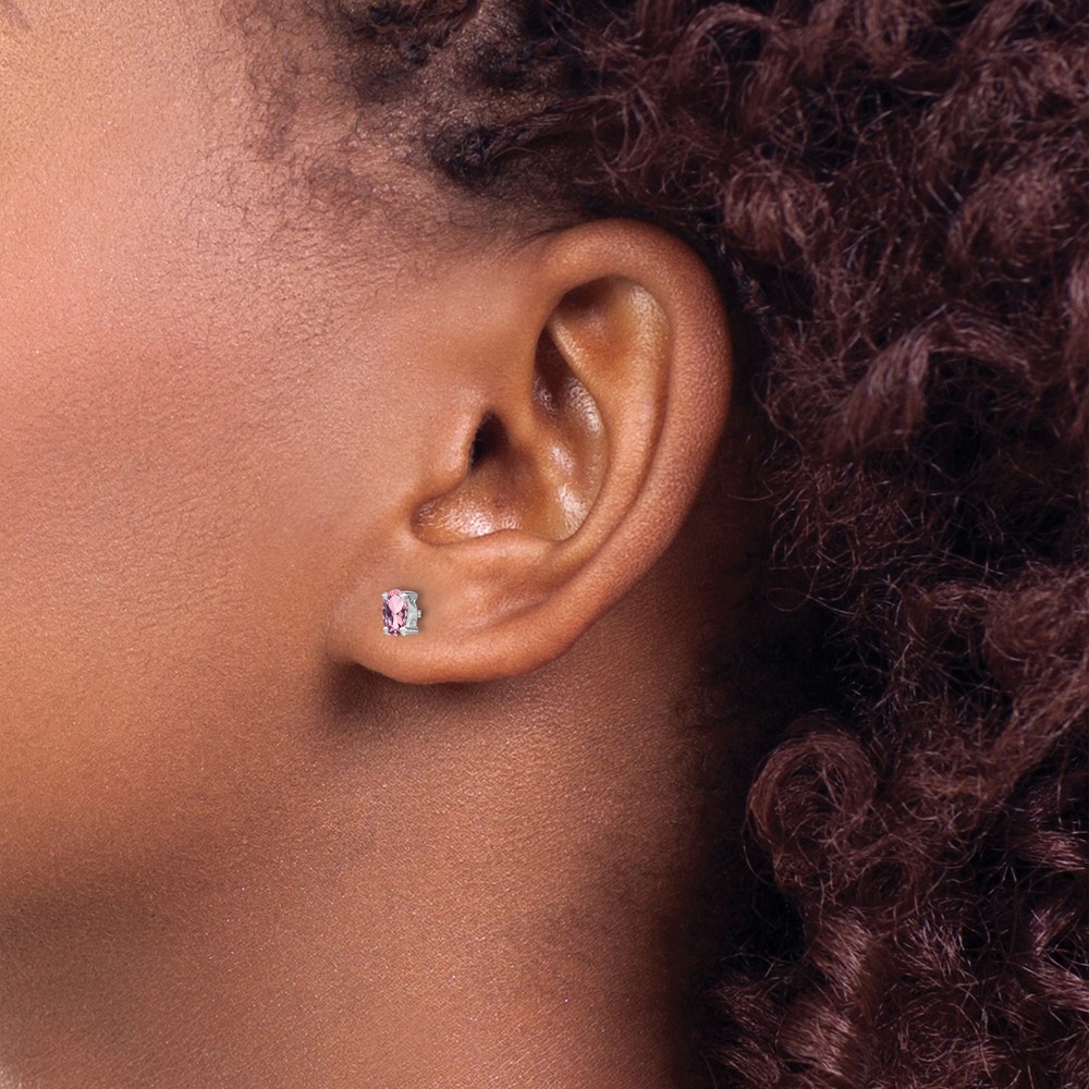 Sterling Silver Rhodium-plated 5x3mm Oval Created Pink Sapphire Post Earrin (QBE29OCT)