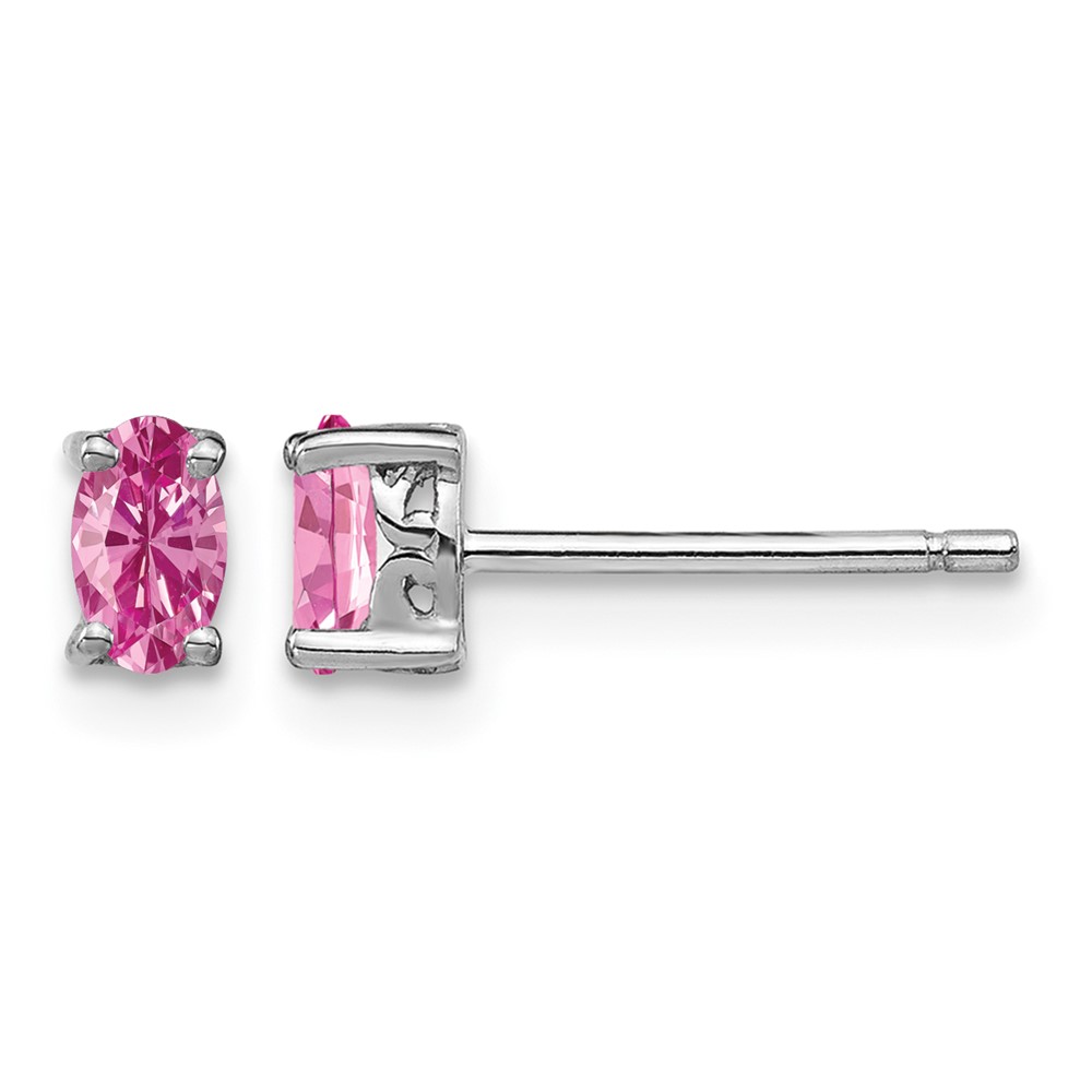 Sterling Silver Rhodium-plated 5x3mm Oval Created Pink Sapphire Post Earrin (QBE29OCT)