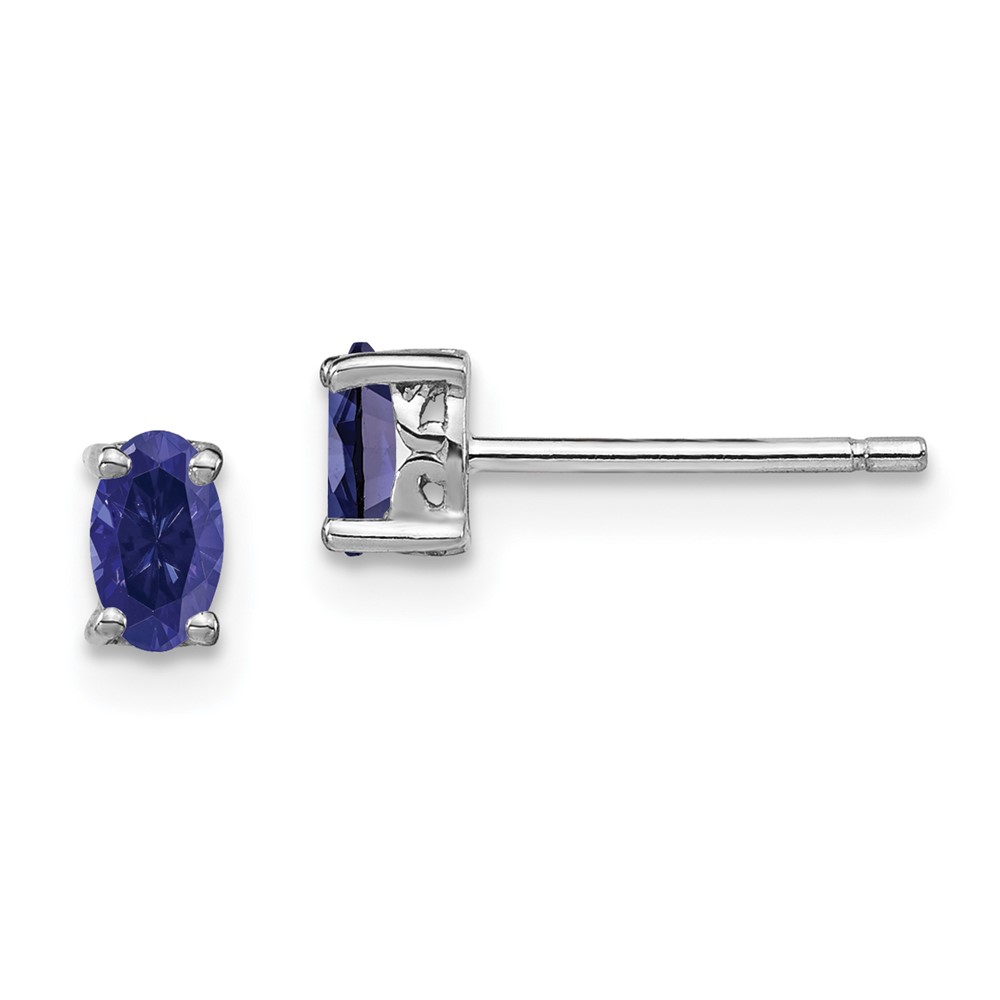 Sterling Silver Rhodium-plated 5x3mm Oval Created Sapphire Post Earrings (QBE29SEP)