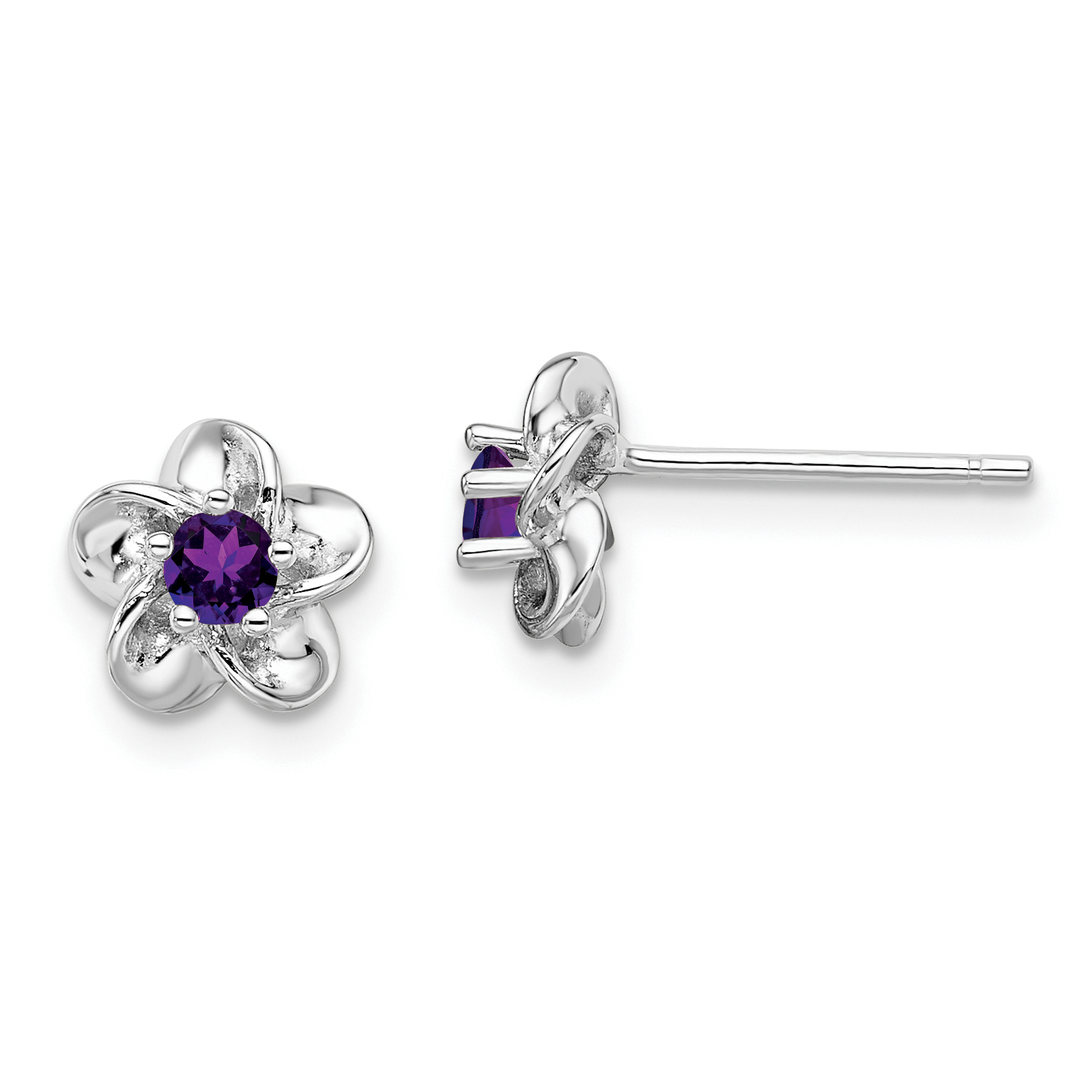 Sterling Silver Rhodium-plated Floral Amethyst Post Earrings (QBE30AM)