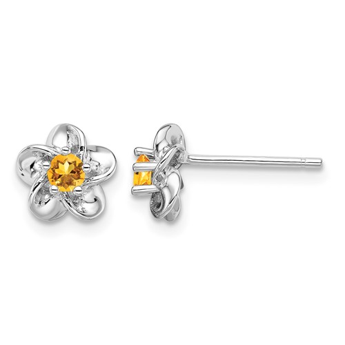 Sterling Silver Rhodium-plated Floral Citrine Post Earrings