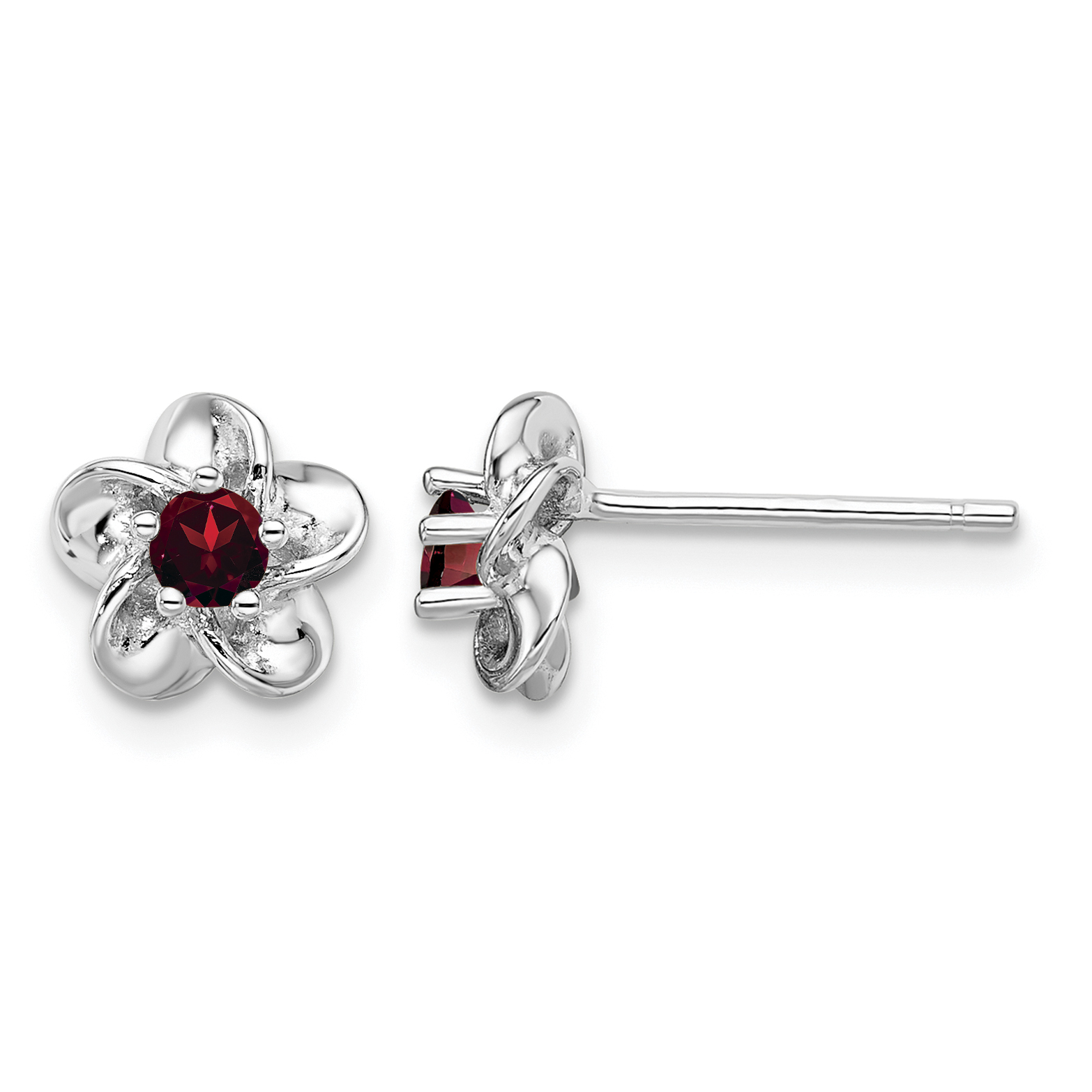 Sterling Silver Rhodium-plated Floral Garnet Post Earrings (QBE30GA)