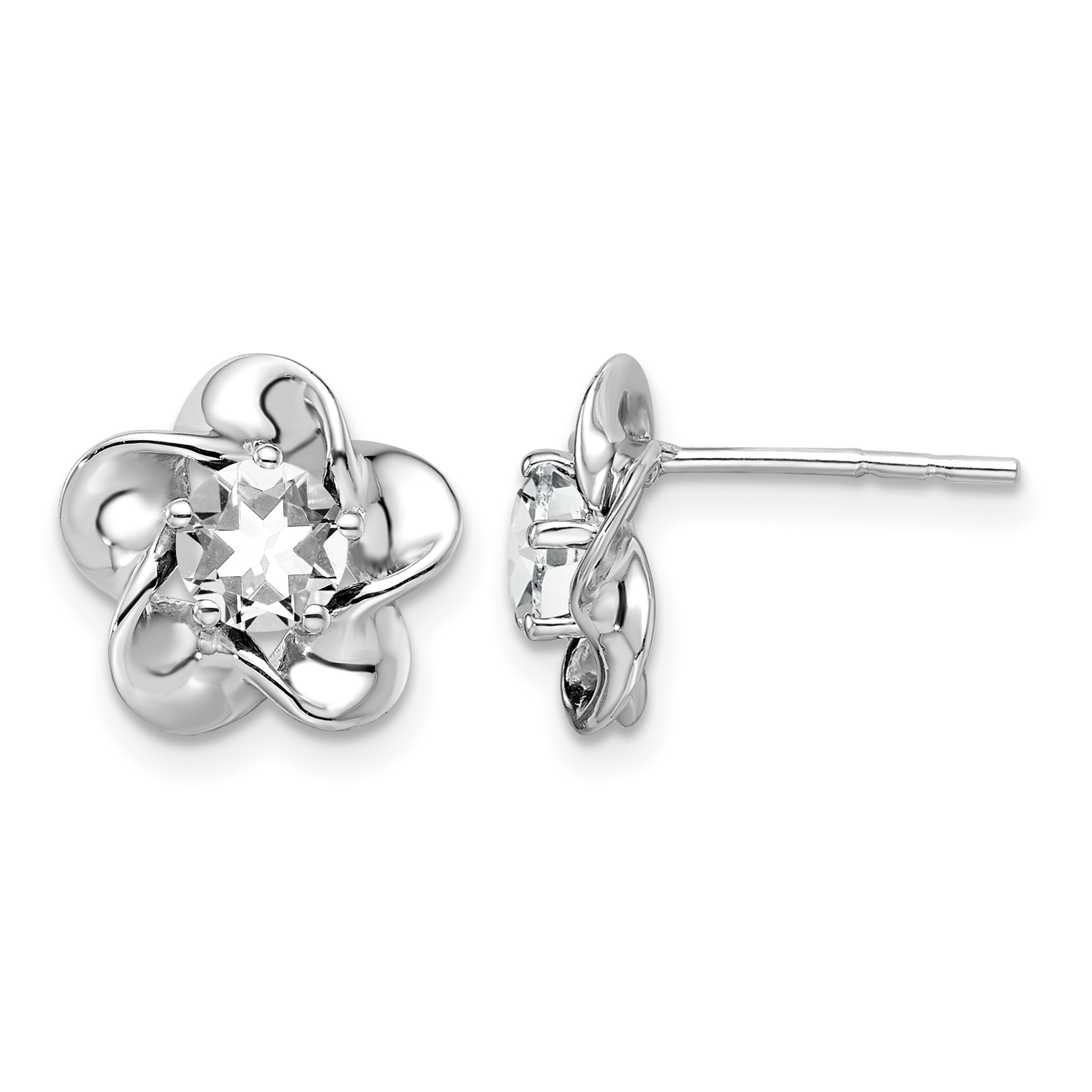 Sterling Silver Rhodium-plated Floral White Topaz Post Earrings (QBE31APR)