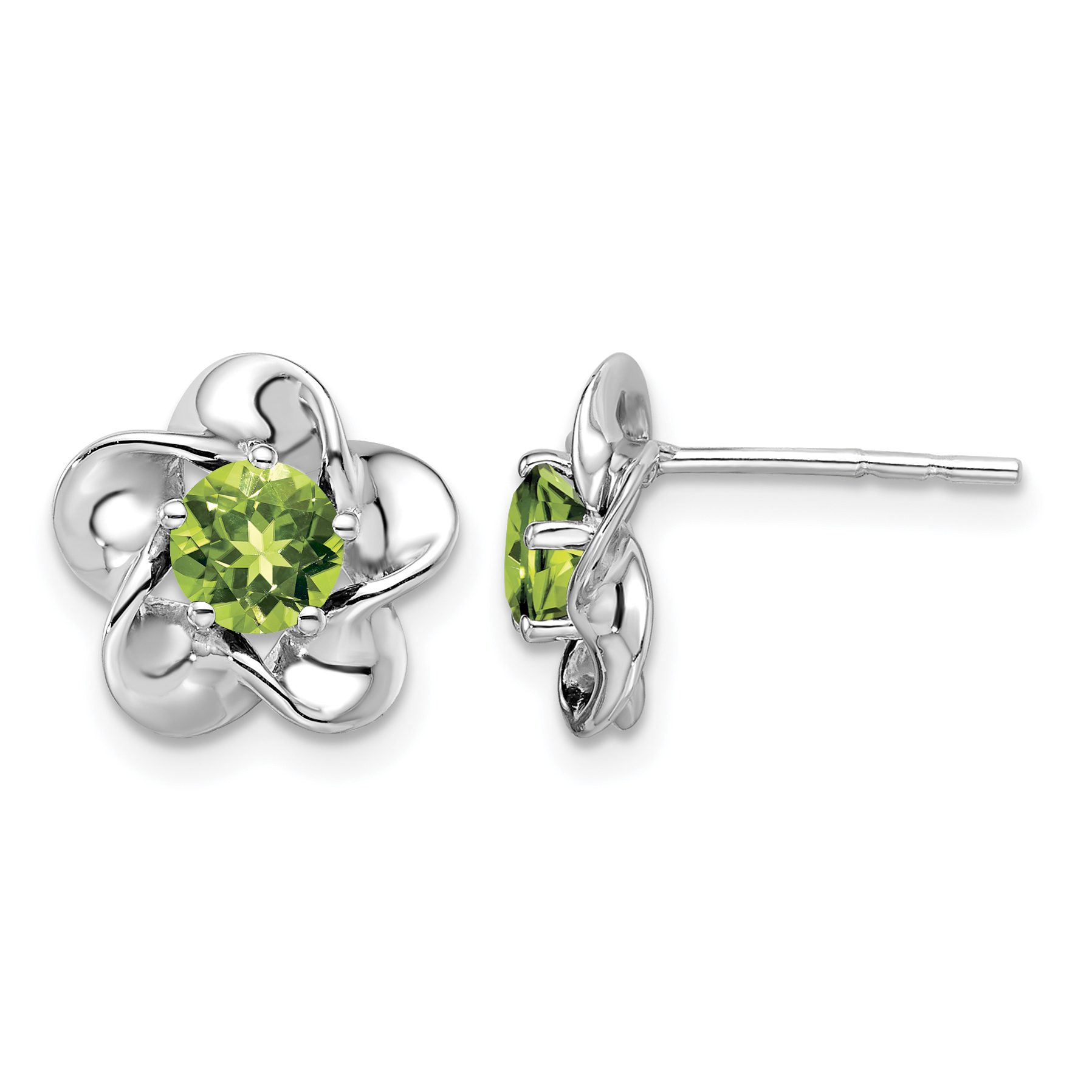 Sterling Silver Rhodium-plated Floral Peridot Post Earrings (QBE31AUG)