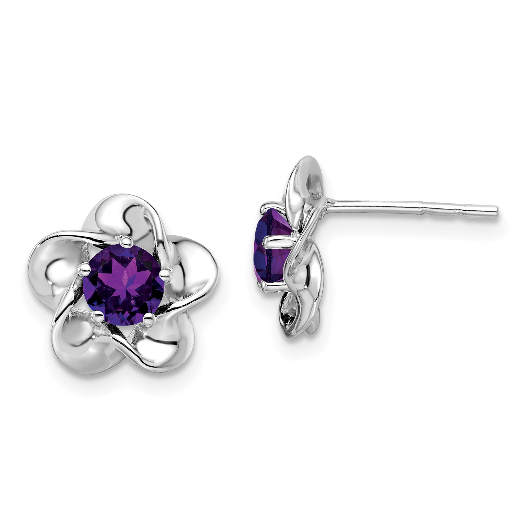 Sterling Silver Rhodium-plated Floral Amethyst Post Earrings (QBE31FEB)