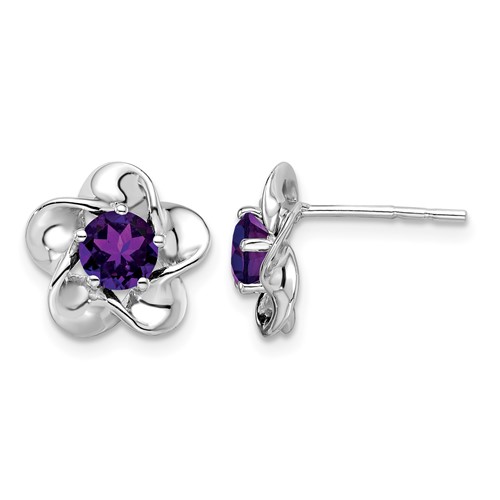Sterling Silver Rhodium-plated Floral Amethyst Post Earrings