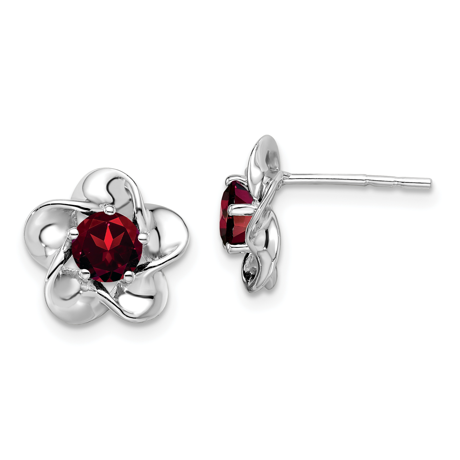 Sterling Silver Rhodium-plated Floral Garnet Post Earrings (QBE31JAN)