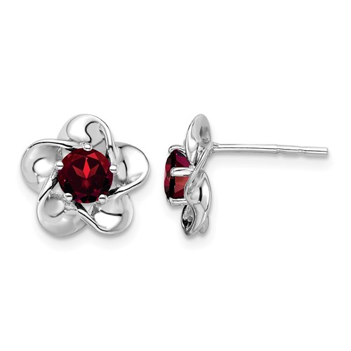 Sterling Silver Rhodium-plated Floral Garnet Post Earrings