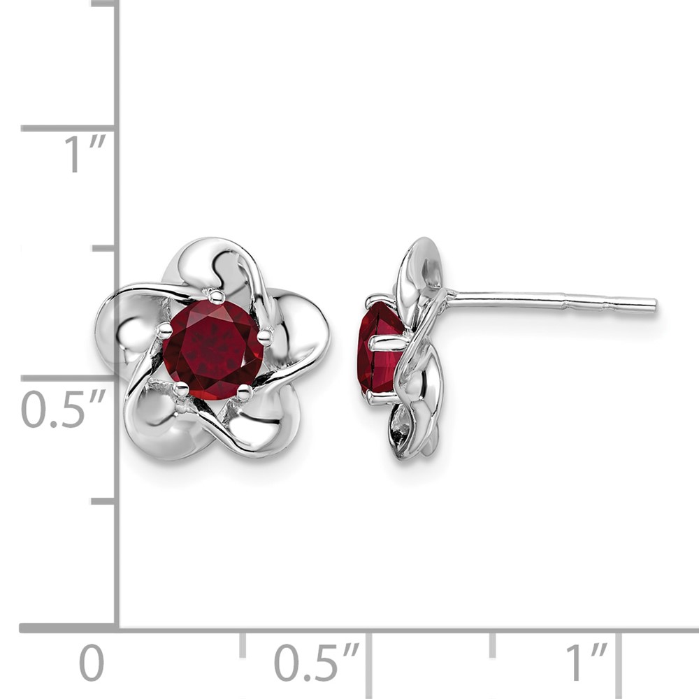 Sterling Silver Rhodium-plated Floral Created Ruby Post Earrings (QBE31JUL)