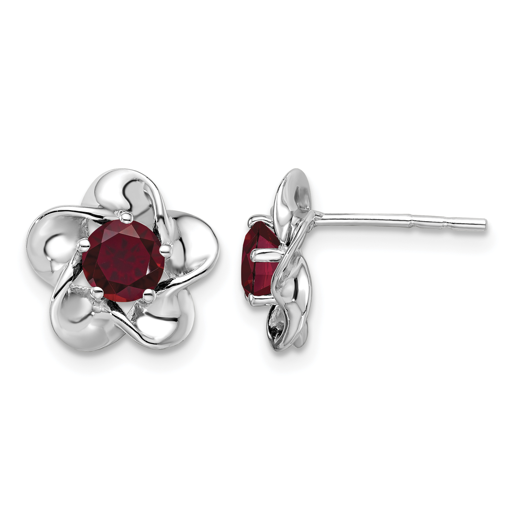 Sterling Silver Rhodium-plated Floral Created Ruby Post Earrings (QBE31JUL)