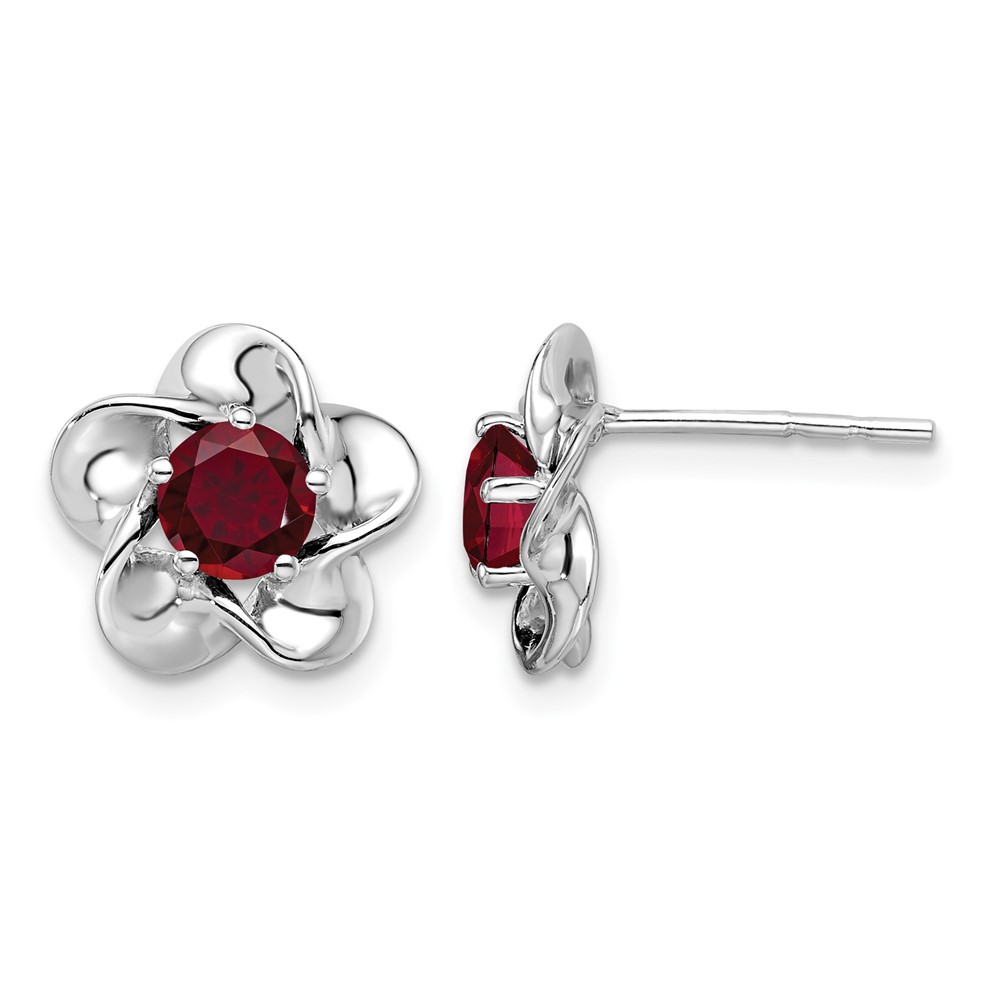 Sterling Silver Rhodium-plated Floral Created Ruby Post Earrings (QBE31JUL)