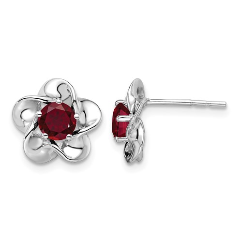 Sterling Silver Rhodium-plated Floral Created Ruby Post Earrings