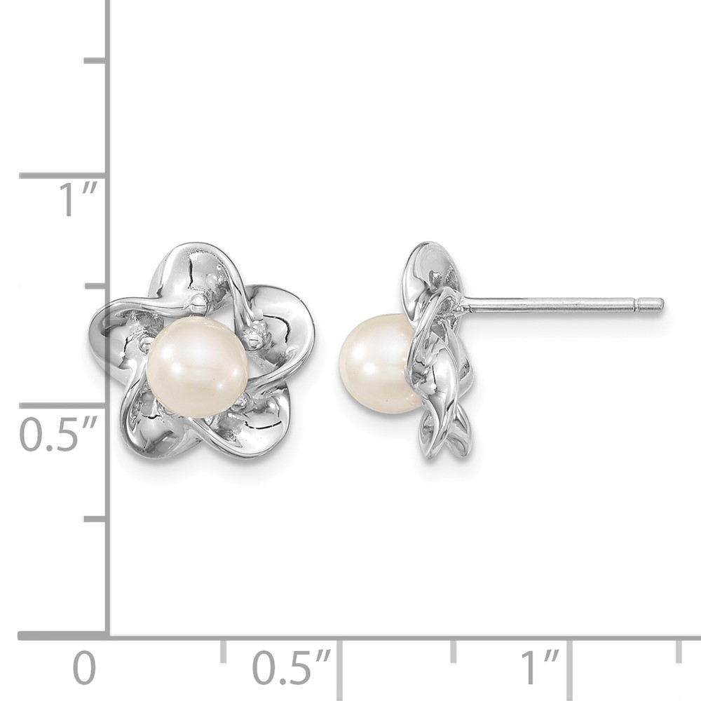 Sterling Silver Rhodium-plated Floral FWC Pearl Post Earrings (QBE31JUN)