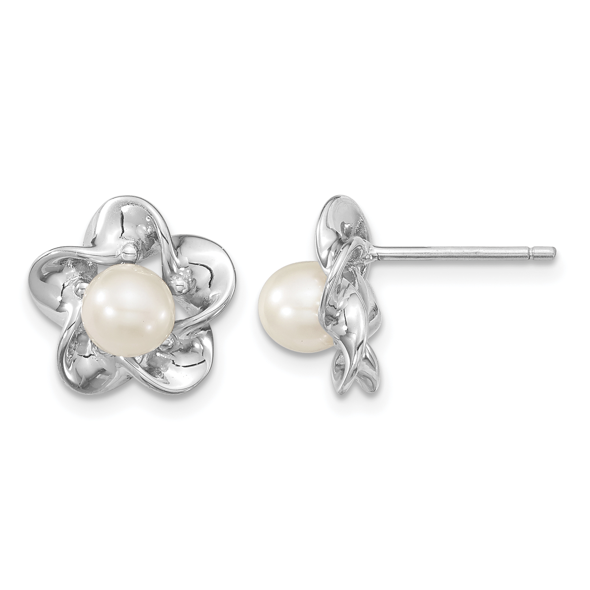 Sterling Silver Rhodium-plated Floral FWC Pearl Post Earrings (QBE31JUN)