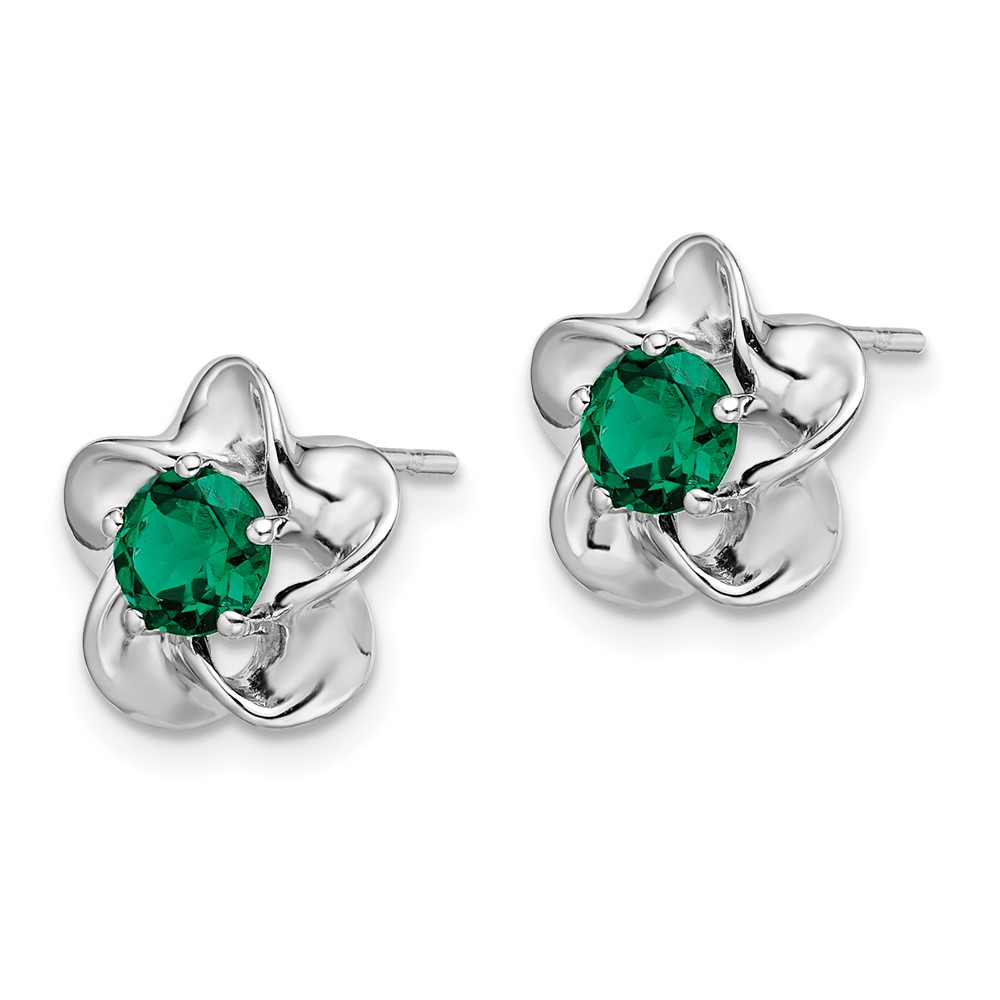 Sterling Silver Rhodium-plated Floral Created Emerald Post Earrings (QBE31MAY)