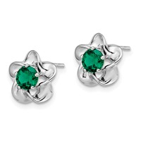 Sterling Silver Rhodium-plated Floral Created Emerald Post Earrings view 2
